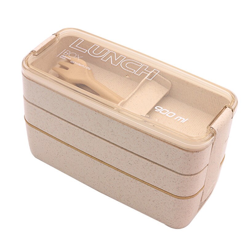 900ml Gezonde Materiaal Lunchbox 3 Layer Tarwe Stro Bento Dozen Magnetron Servies Voedsel Opslag Container Lunchbox: Beige