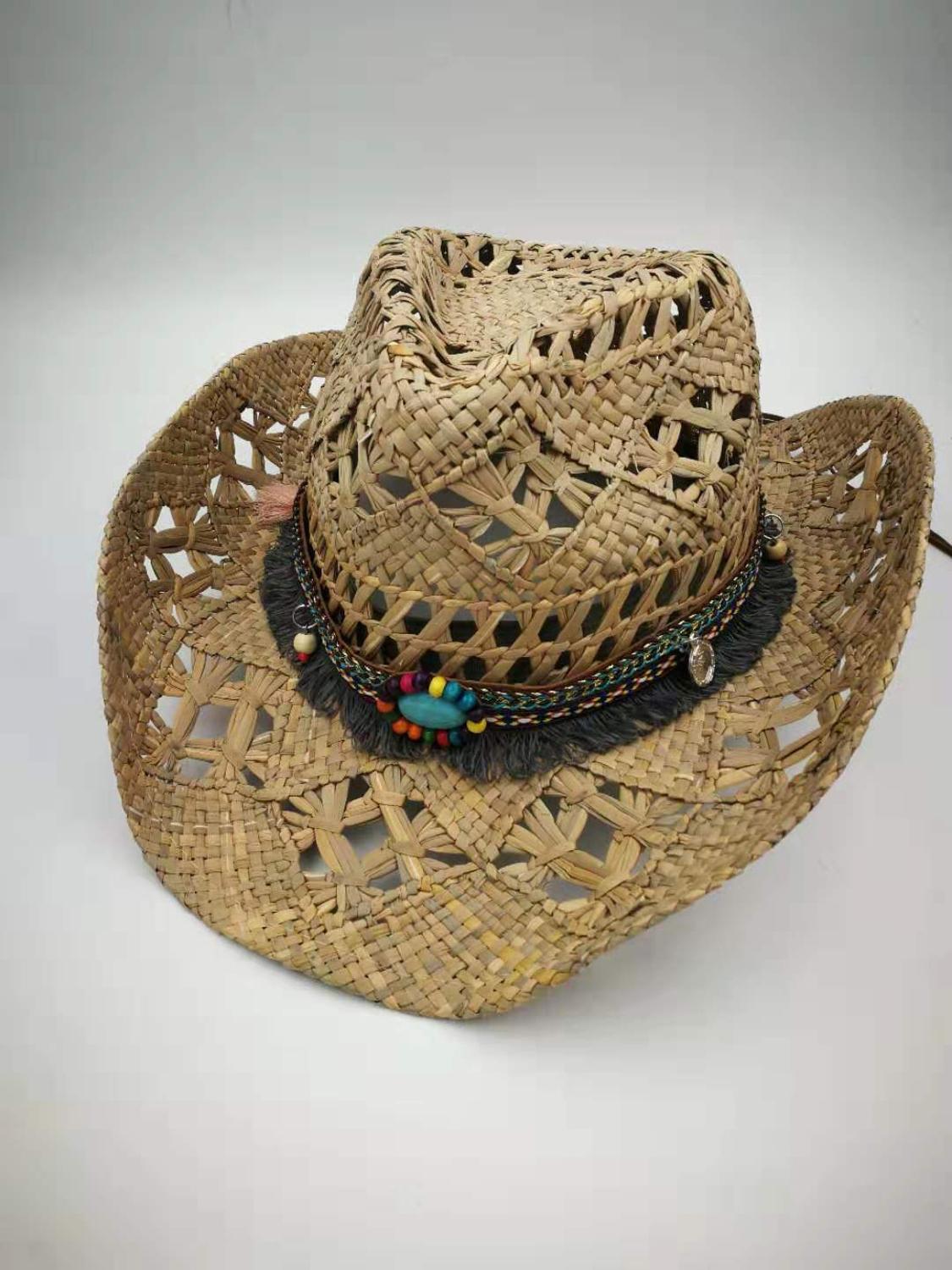 Naturlig raffia halm cowboy hat kvinder mænd håndlavede væve cowboy hatte til dame kvast sommer vestlige hatte  l3: 2