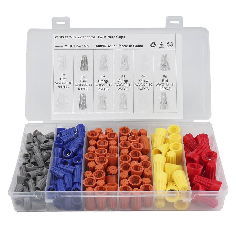 200PCS Assorted Screw-On Wire Connectors Terminals Electrical Wire Nuts Spring Insert Twist Caps for AWG22-8 AWG22-16
