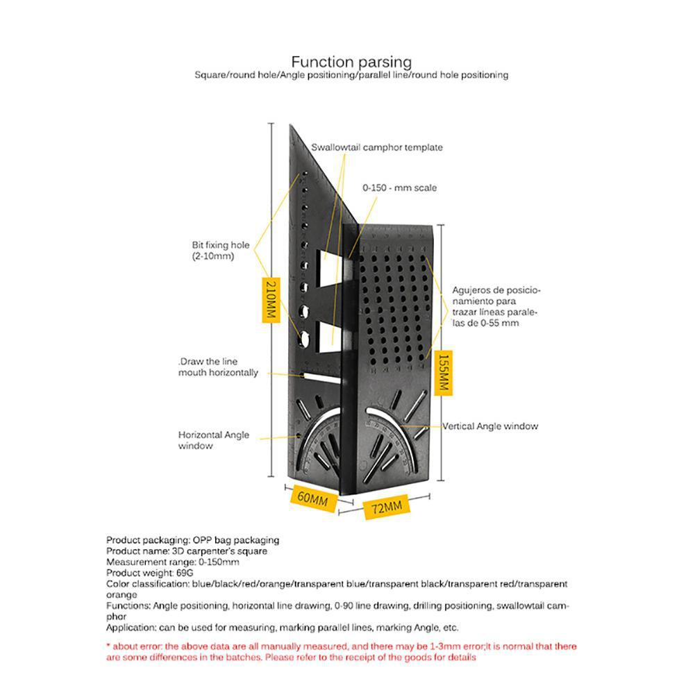 3D Multifunctionele 45 Graden 90 Graden Hoek Houtbewerking Scribe Meten Heerser