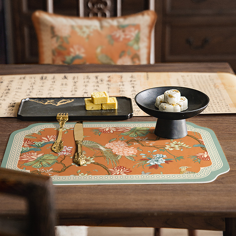 Heat Resistant Table Mats Set of 2, Hydrangea Faux Placemats, Floral Bird, Chinese Style, Digital Printing for Party Family