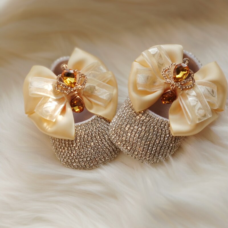Dollbling Barokke Glam Meisje Eerste Wandelschoenen Golden Crown Exotische Bohemen Unieke Bling Prachtige Strass Baby Wieg Schoenen: yellow / 7-12 Months