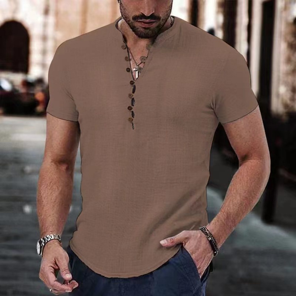 Camiseta de manga corta para hombre, camisa de lino y algodón con botones y cuello en V, ropa informal, Tops populares para hombre 2023