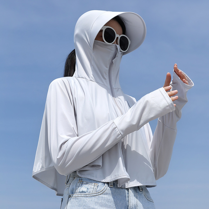 UPF 50+ Dames Zonnebrandcrème Hoodie Effen Kleur Dunne Ijs Zijde Zomer UV-bescherming Jas met lange mouwen Ademend Shirt Kleding: GRIJS