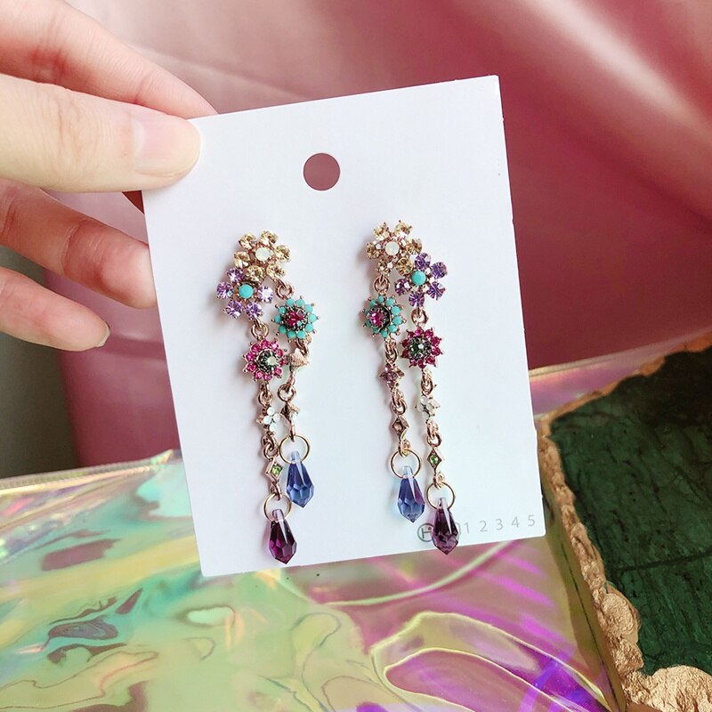 Korean Shiny Crystal Colorful Flower Earrings For Women Party Dangle Pendientes Jewelry