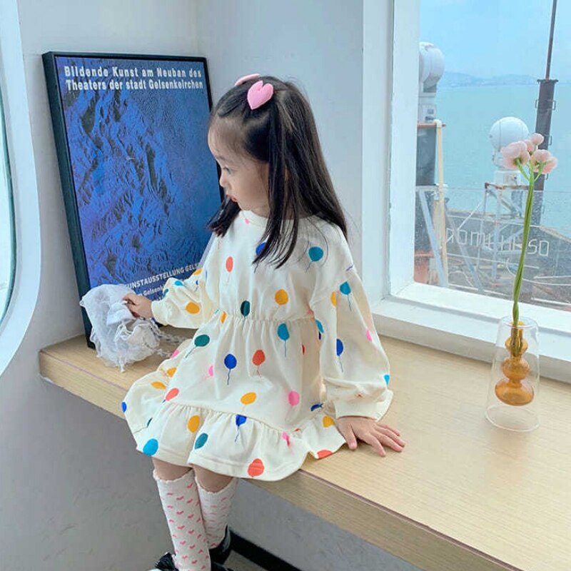 Girl Dot Print Princess Dress Autumn Spring Sweatshirts Long Sleeve Dress Puff Sleeve Cute Casual Dress Kids Children Clothing