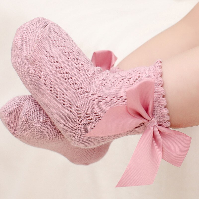 Cute Bowknot Baby Socks Newborn Summer Soft Cotton Baby Girls Socks Solid Color Breathable Kids Mesh Socks: pink