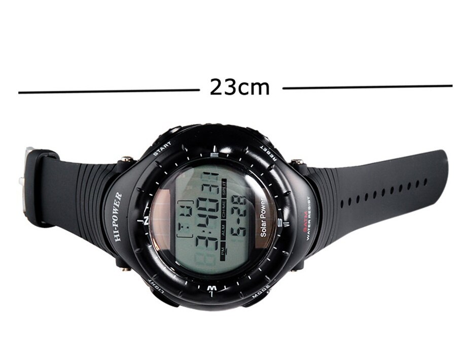 0405 Ronde Dial Digitale Waterdichte Duiken Solar Sporthorloge met Solar Beweging, Plastic Case, Rubber Strap & Backlight (Zwart)