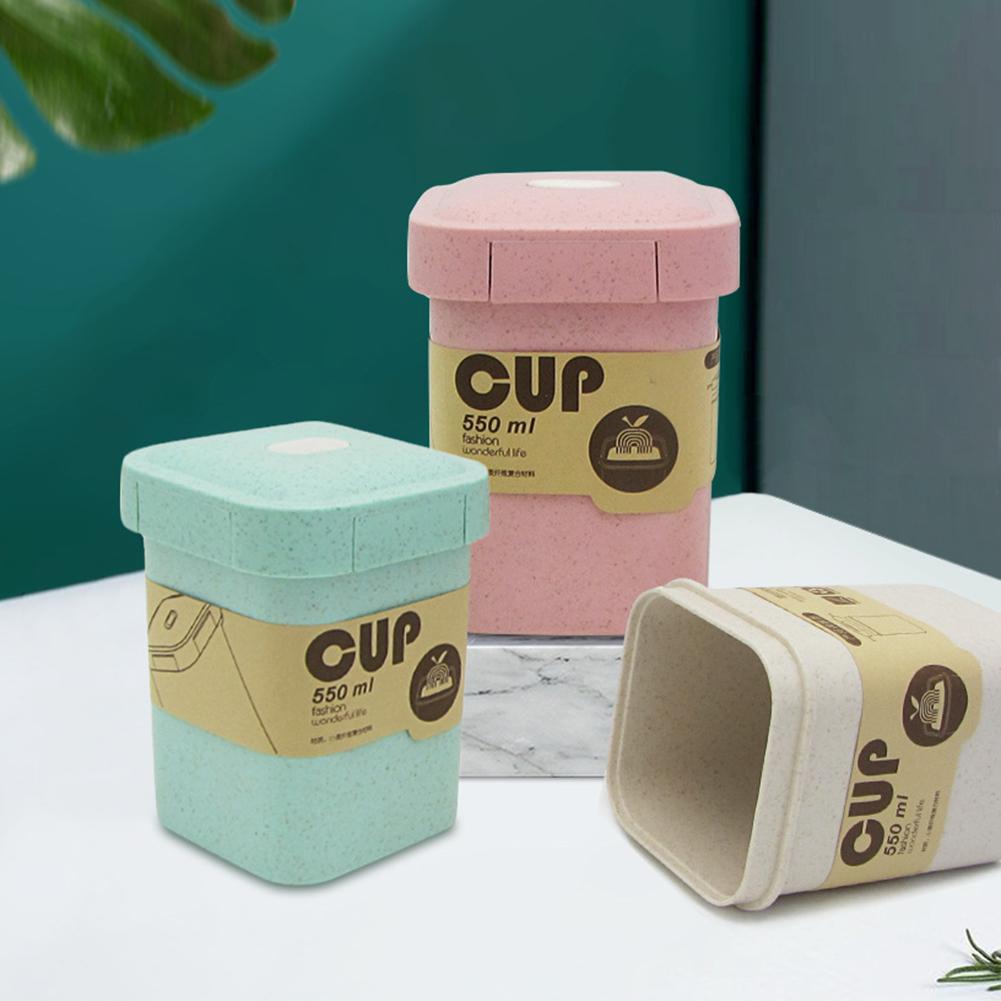 550ml Wheat Straw Square Breakfast Porridge Sealed Soup Cup Container Lunch Box Portable Wheat Straw Lovely Shape Sealed Cup Box