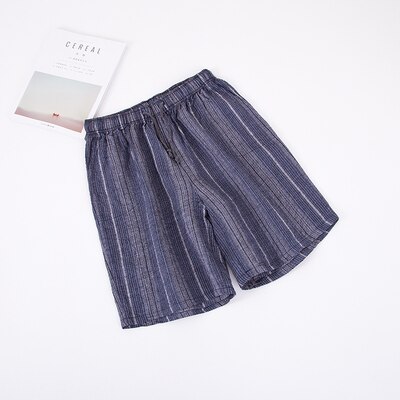 Japanese style linen men's knee length pants cotton gauze pajama striped shorts summer thin casual home sleep bottoms underwear: blue grey