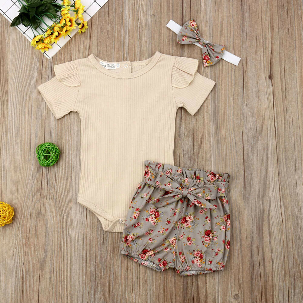 Baby Zomer Kleding Pasgeboren Baby Baby Meisje Jongens Kleding Sets Solid Geribbelde Romper + Bloemen Pp Shorts + Hoofdband 3Pcs Outfit