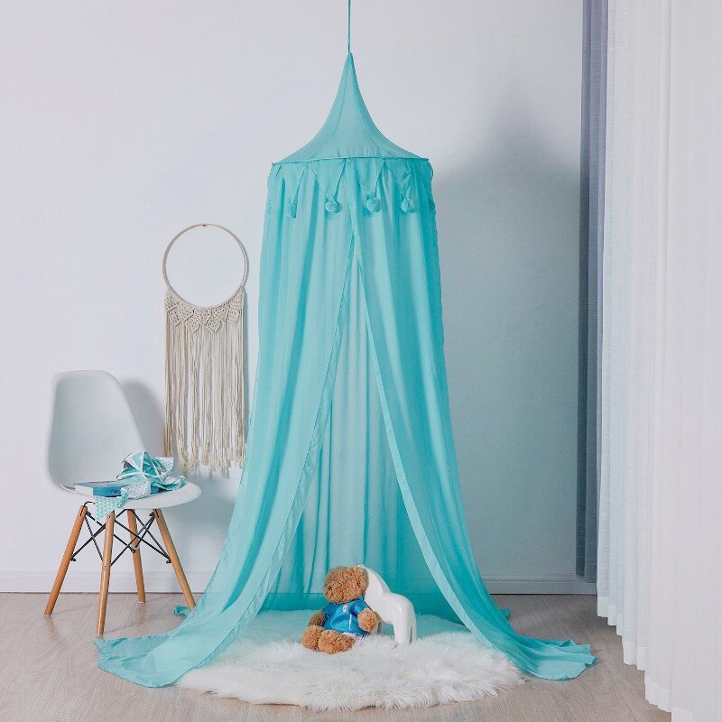 Nórdico cama do bebê dossel mosquiteiro rede berço com pompom cúpula redonda pendurado tenda crianças jogar tenda crianças quarto decoração: Azul