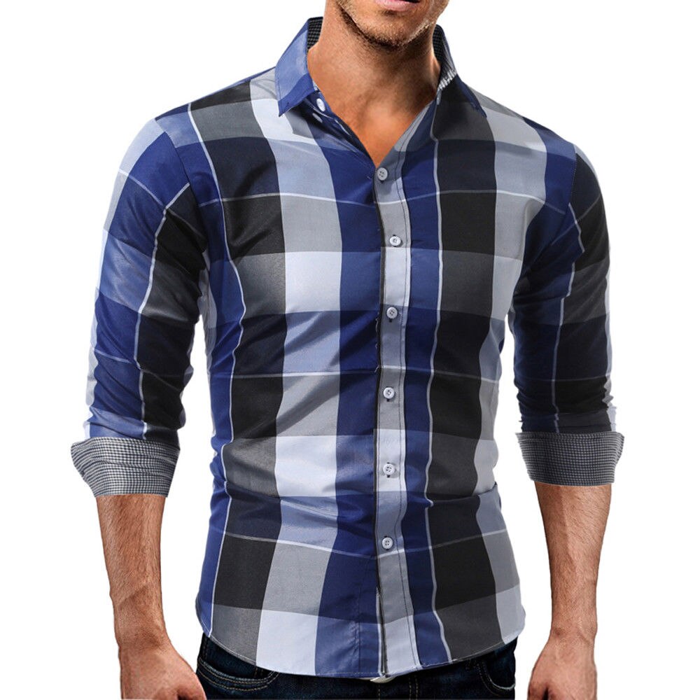Luksus herre klassiske lange ærmer plaid skjorter formel afslappet smart slim fit stilfulde toppe: Blå / Xxl