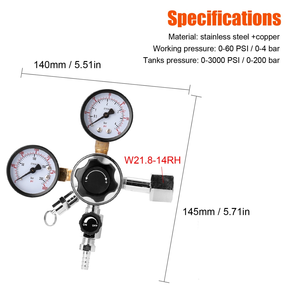 Stainless Steel Beer CO2 Keg Regulator Safety Pressure Relief Valve 0-3000 PSI Tanks Double Pressure Gauge