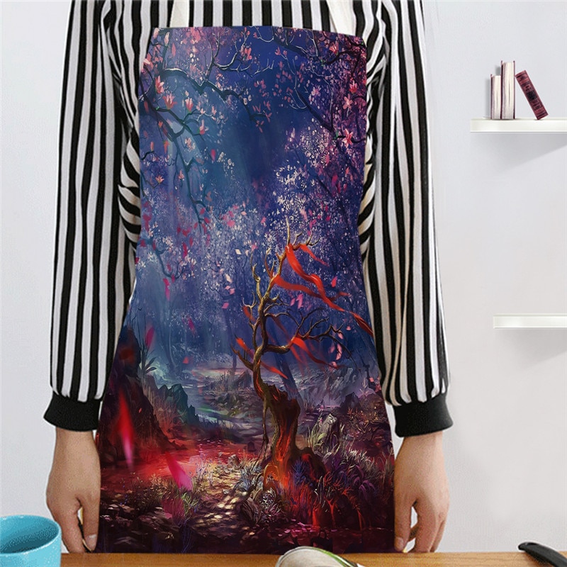 Delantal de cocina de bosque para hombre y mujer, delantales de lino y algodón sin mangas con estampado de árbol de fantasía, Herramientas de limpieza para el hogar