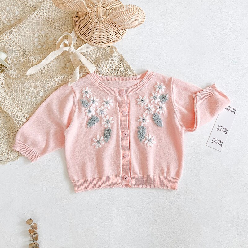 Baby Strickjacke zur Seite fahren für Mädchen Stickerei Blume Strickjacke Herbst Kleinkind Mädchen Süße Baumwolle Dünne Mäntel Prinzessin Kleidung