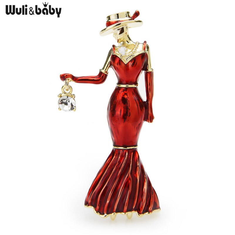 Wuli & baby Rot Emaille Kleid Dame Broschen Für Frauen Tragen Hut Tragen Tasche Schönheit Frauen Figur Casual Büro Brosche pins: red