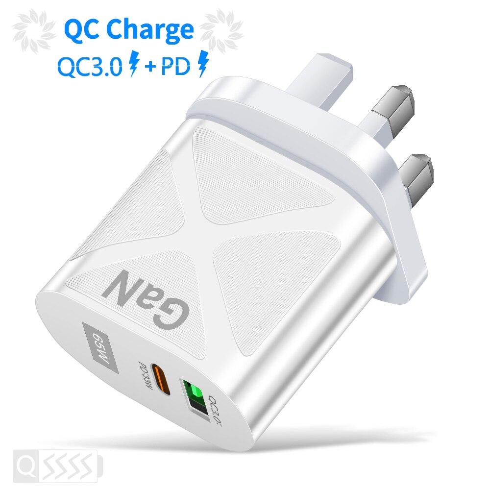 65W USB GaN Charger Type C PD Fast Charging for iPhone 13 12 Pro iPad Mobile Phone Quick Charger QC 3.0 4.0 Wall Adapter Plug: White UK