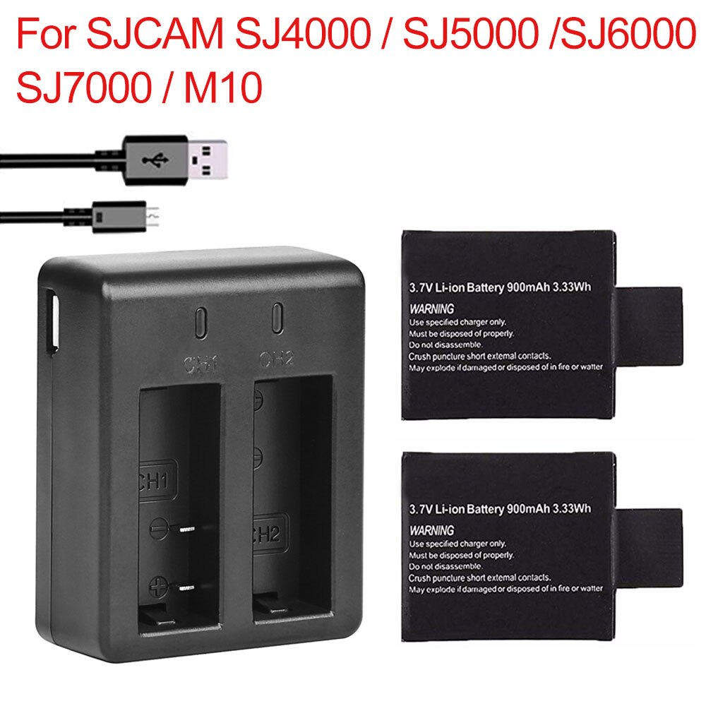 900mAh SJ4000 SJ5000 SJ6000 7000 Cámara de Acción batería + Cargador de Batería Dual para SJCAM SJ 4000 de 5000 de 6000 M10. Accesorios de la cámara: 2 Battery 1 Charger