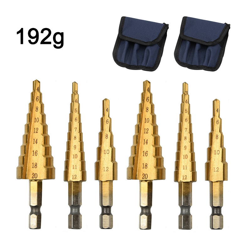 Hexagonal handle titanium plated ladder drill tower drill bit set 3-12/4-12/4-20mm small three piece set: Gold