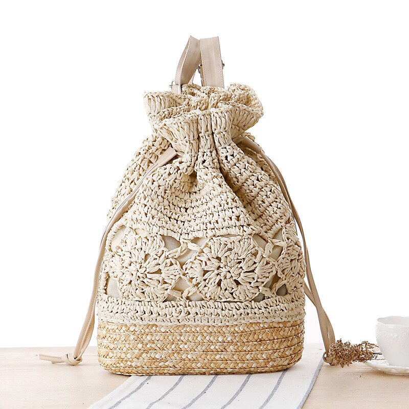 Summer Knitted Flower Drawstring Bag Crochet Straw Pouch Bohemian Hollow Out Backpack Women Textile Bags Beach: Beige