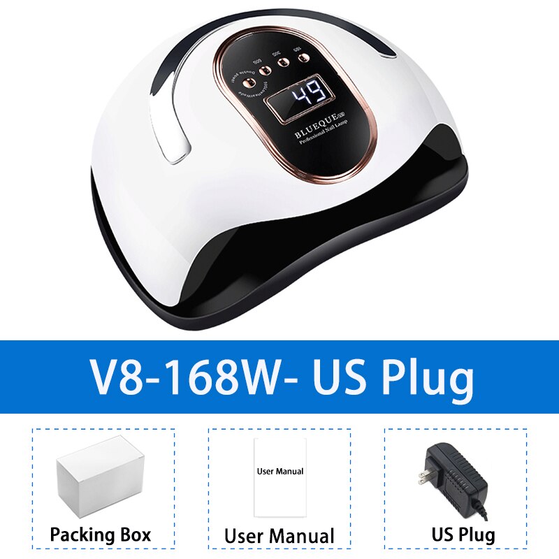 BLUEQUE-Lámpara de LED UV V8 para manicura, de secado rápido automático, para fototerapia, 168W: V8 168W US Plug