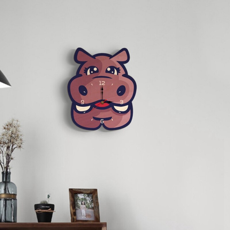 Houten Wandklok Kinderkamer Decor Wandklok Cartoon Stille Wandklok Hippo Wandklok