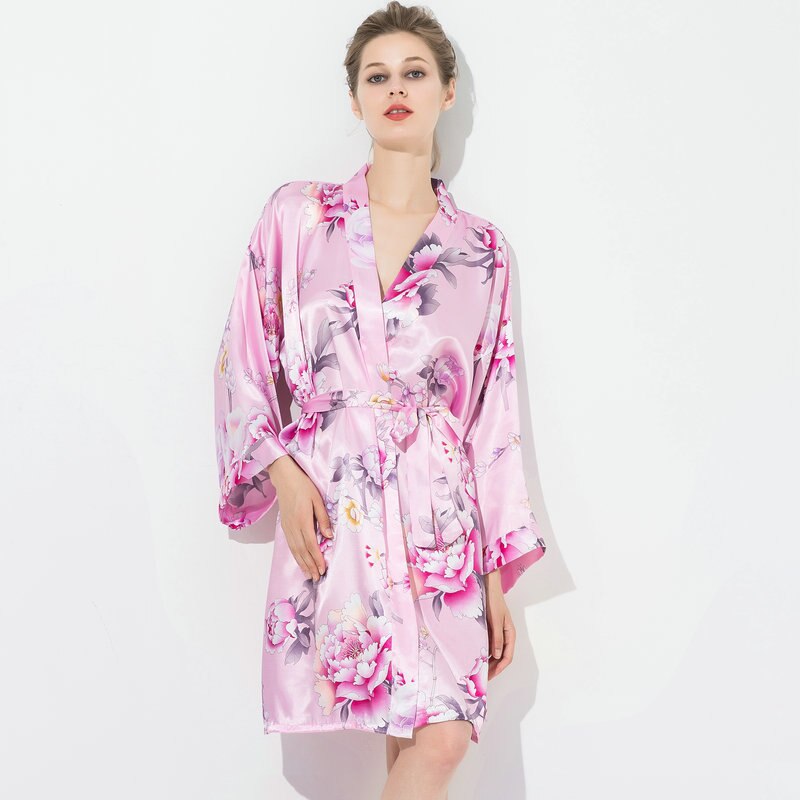 YUXINBRIDAL Robe Floral Robes Satin Silk Bridal Bride Bridesmaid Bride Robe Womens Robes Sleepwear Bath Robe Long: Pink / L/XL