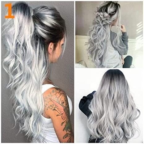 WHIMSICAL W Women Medium Long Curly Wigs Natural Ombre Mixed Purple Black Color Heat Resistant Hair Synthetic Wig for Women: Black sliver gray