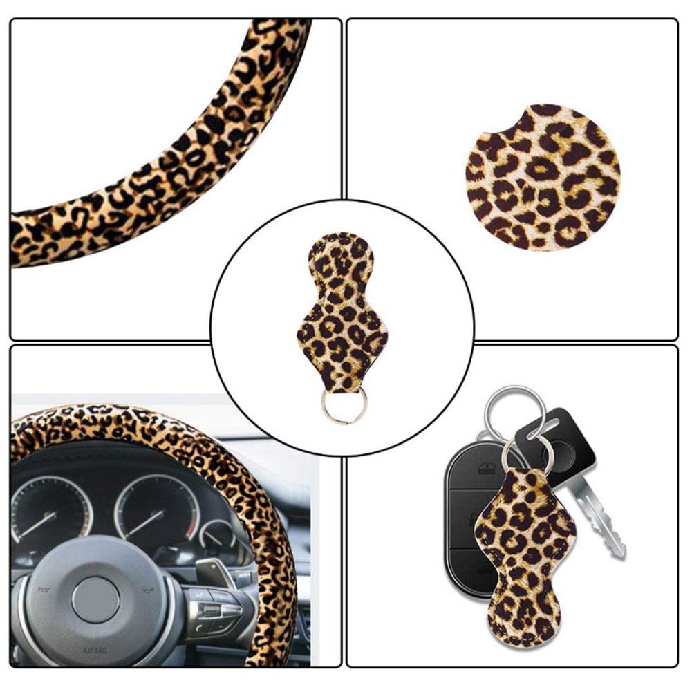 Auto stuurwiel hoes set waterdicht antislip duurzaam luipaardprint auto wiel beschermer met sleutelhanger grip hoes universeel