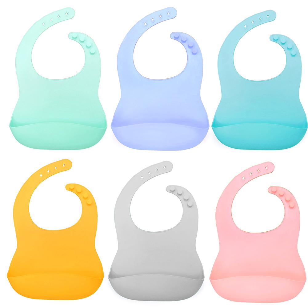 Solid Color Baby Silicone Waterproof Bib with Pockets bean Saliva Towel Apron with deep wide crumb catcher