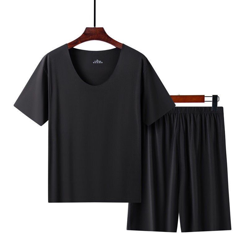 Pijama de dos piezas de seda de hielo para hombre, ropa deportiva informal de verano para el hogar, traje de manga corta sin costuras, cuello redondo, talla grande: black / XXXL
