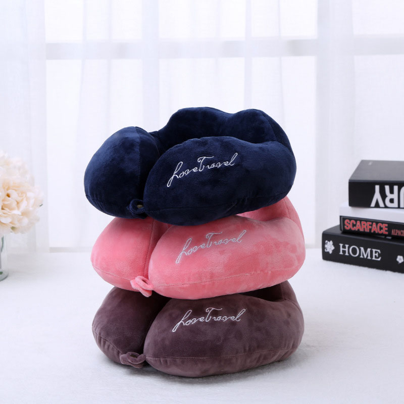 Almohada de viaje portátil para el cuello, espuma viscoelástica de franela para avión, coche, oficina, soporte ergonómico para el cuello en forma de U con hebilla