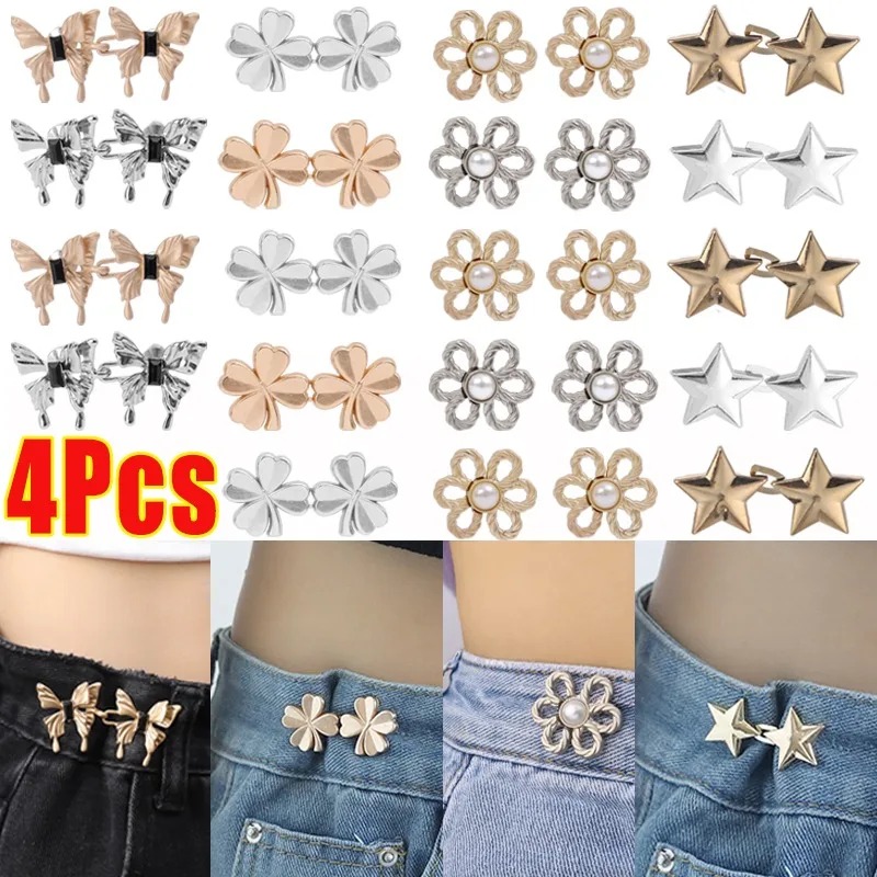 Botón de cintura con lazo para apretar, hebilla de cintura ajustable en forma de estrella y flor, sin costura, broche para pantalones, alfileres de fijación para pantalones vaqueros reutilizables