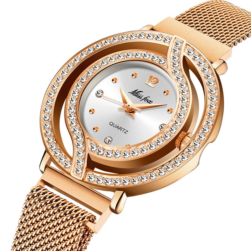 Missfox magnetisk ur dame luksus mærke vandtæt diamant dame ure hul blå kvarts guld dame armbåndsur: 2741- rgw
