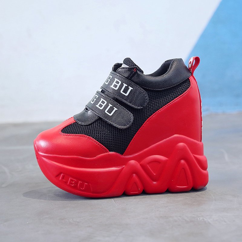 Sommer mesh åndbare sko kvinde høj platform hæle fritidssko kvinder 12cm hæle kiler sneakers chaussures femme: Sort / 37