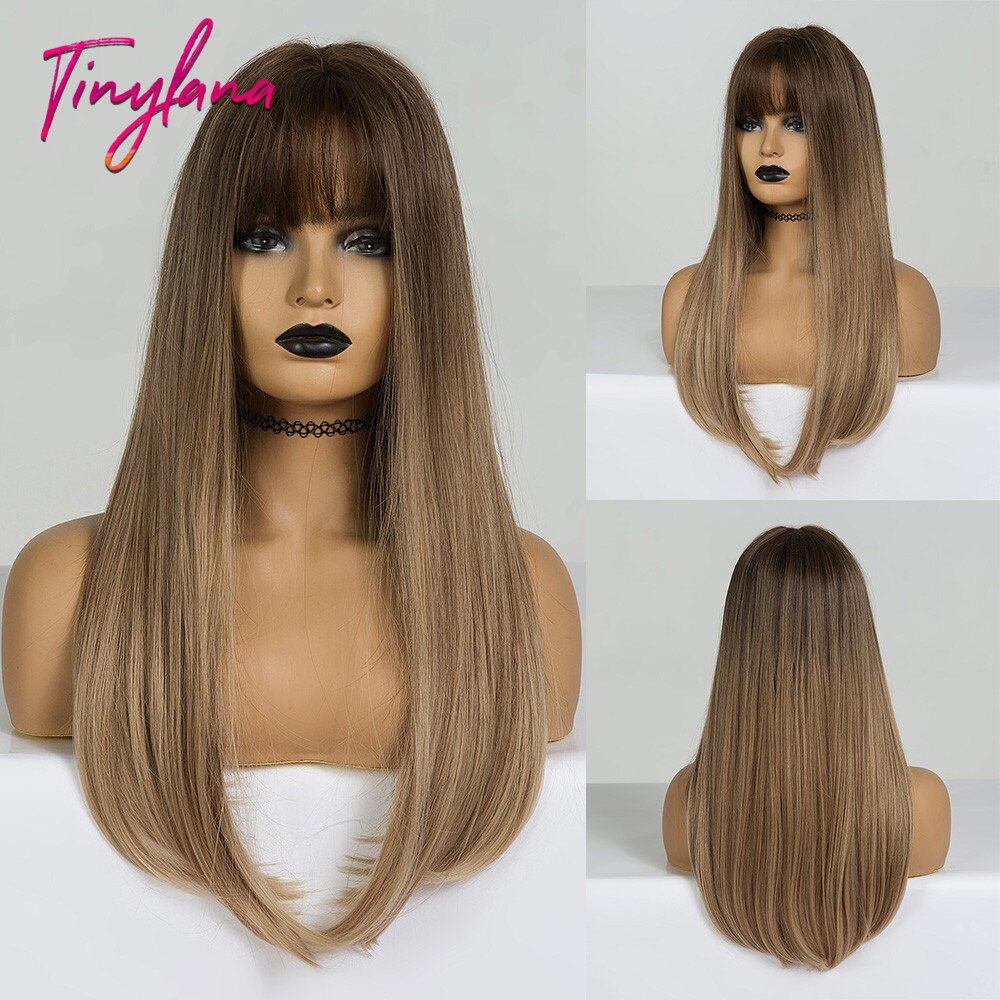 sehr klein LANA Synthetische Haar Perücken mit Pony Lange Gerade Dunkelbraun Perücken für Frauen afro Hohe Temperatur Faser Cosplay Partei perücken: LC169-1