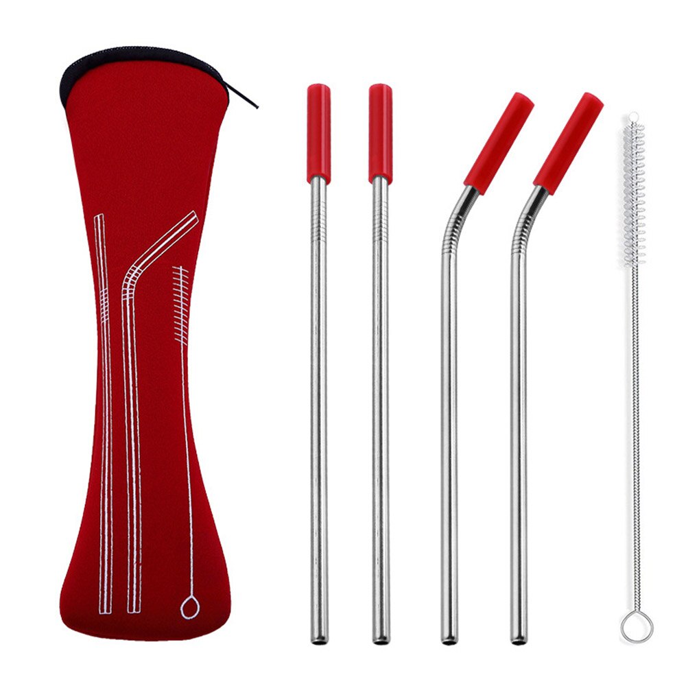 6 stks/set Herbruikbare Rvs Rietjes Rechte Gebogen Rietjes met Siliconen Tips voor Koude Drank Bar Gereedschap: Red