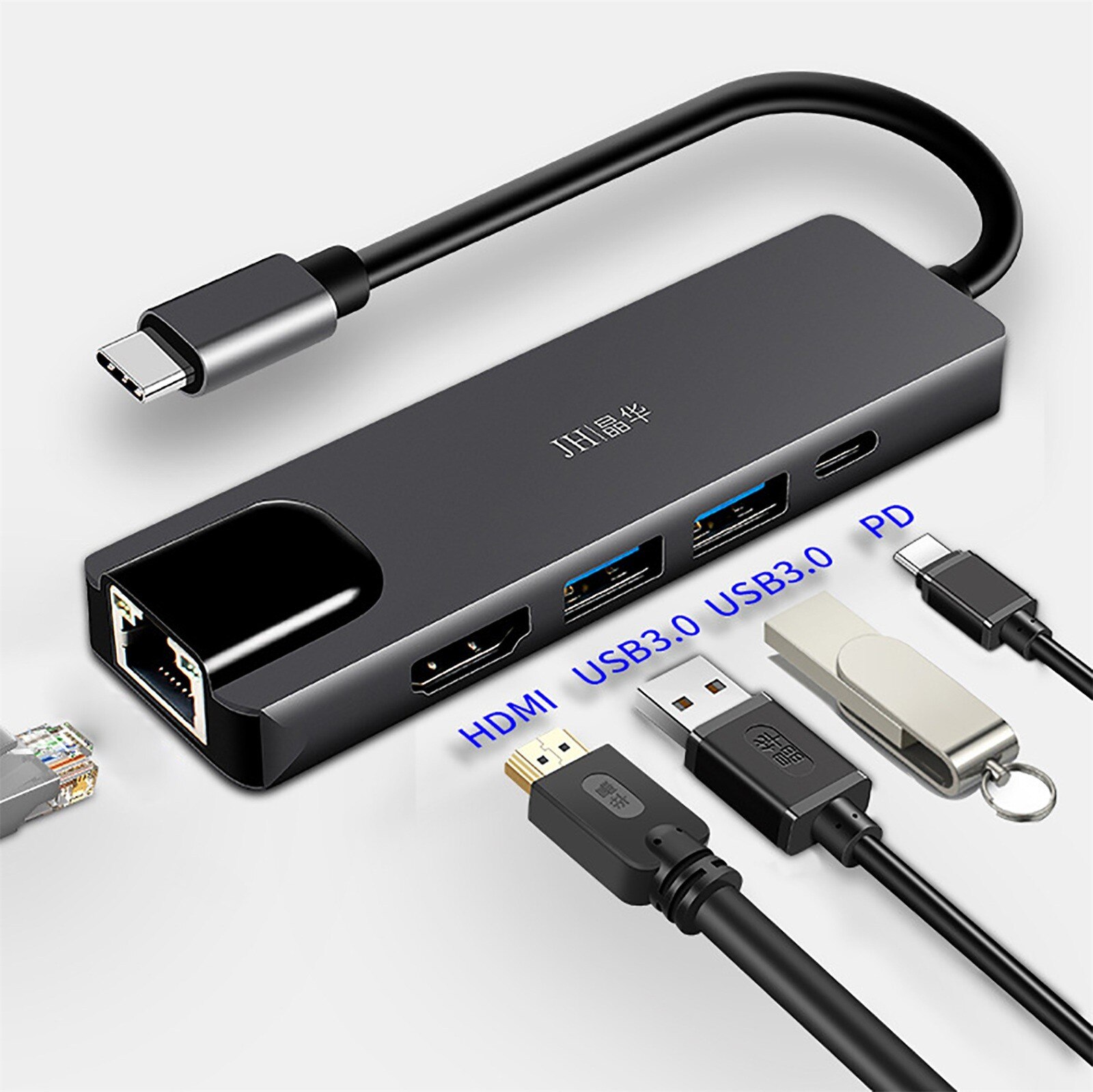 5 In 1 4K Uhd Type C Hub 100/1000 Mbs Netwerk PortUSB3.0 Hdmi Vga Pd Adapter Docking Station Voor pc Macbooks Pro Air Laptop