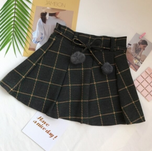 Japanese sweet Autumn Plaid pleated Woolen skirt soft girl cute kawaii preppy style temperament mini JK college uniform skirt: yellow skirt / L