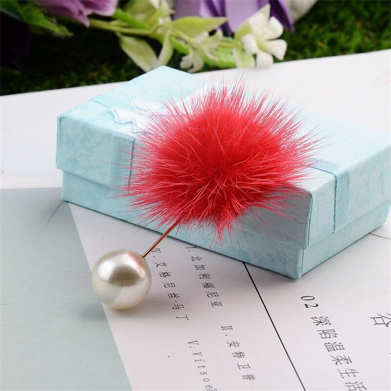 1 stuk Leuke Pom Pom Bal Imitatie Parel Badge Pin Op Broche Pins Voor Vrouwen Jurk Kraag Pak Revers Sieraden decoraties: red