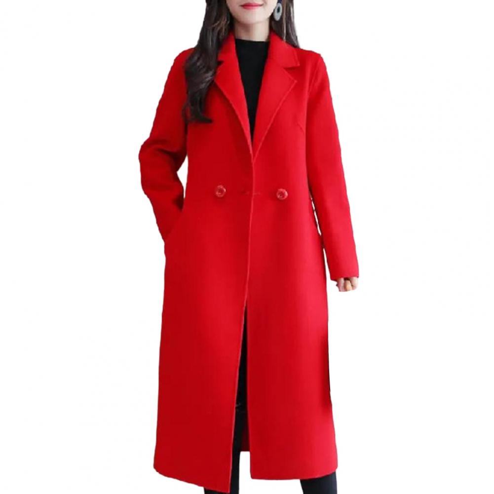 Casaco de lã monocromático feminino, Manga comprida, Dois botões, Bolsos, Lapela, Elegante, Casacos, Moda, Outono, Inverno: Outros / Vermelho