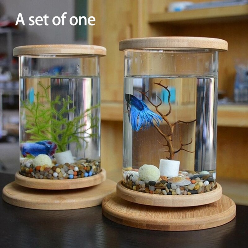 Mini Glass Fish Tank Bamboo Base Fish Tank Decoration Rotate Decoration Fish Bowl Ecological Bottle Aquarium