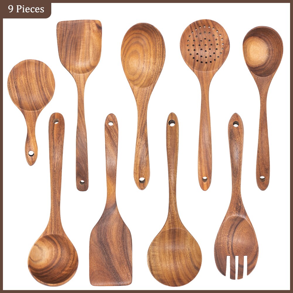 Wooden Kitchen Utensils Set Cooking Spatula Tools Kit Healthy Turners Spoon Baking Eco-friendly ustensile de cuisine bois: 9pcs