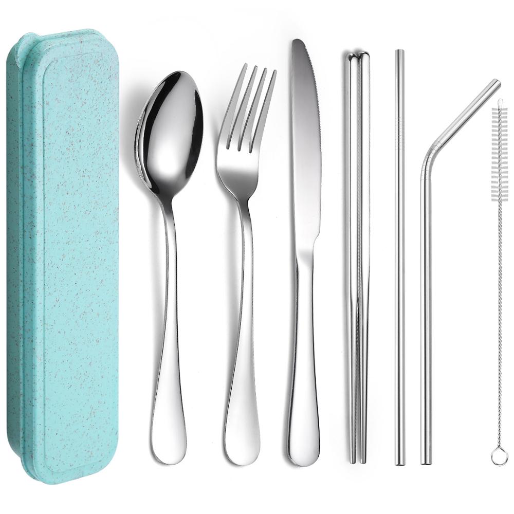 Food Grade 304 Stainless Steel Cutlery Set Silverware with Metal Straw Knife Fork Spoon Chopsticks 8Pcs Portable Travel Flatware: 8pcs silver set