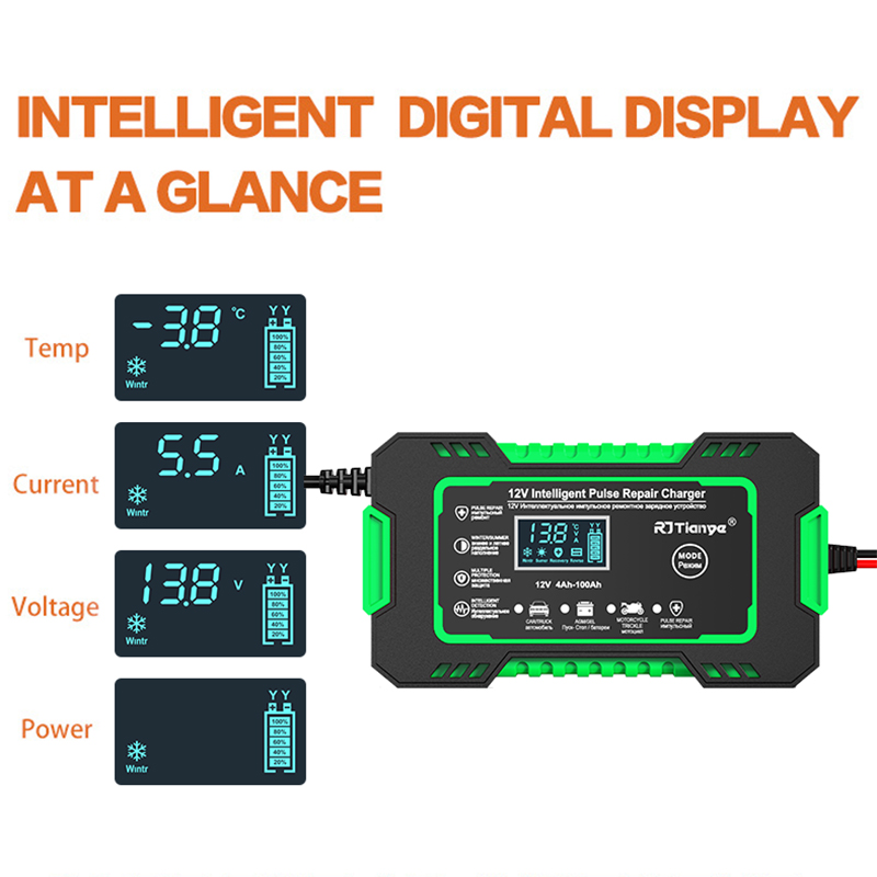 12V 6A Vollautomatisches Autobatterieladegerät Power Pulse Repair Ladegeräte Nass Trocken Blei Säure Batterieladegeräte Digitales LCD-Display
