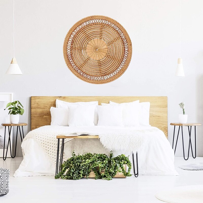 Panier mural suspendu fait à la main en rotin tissé naturel, plateau décoratif rond, bol Boho pour la maison, salon cuisine