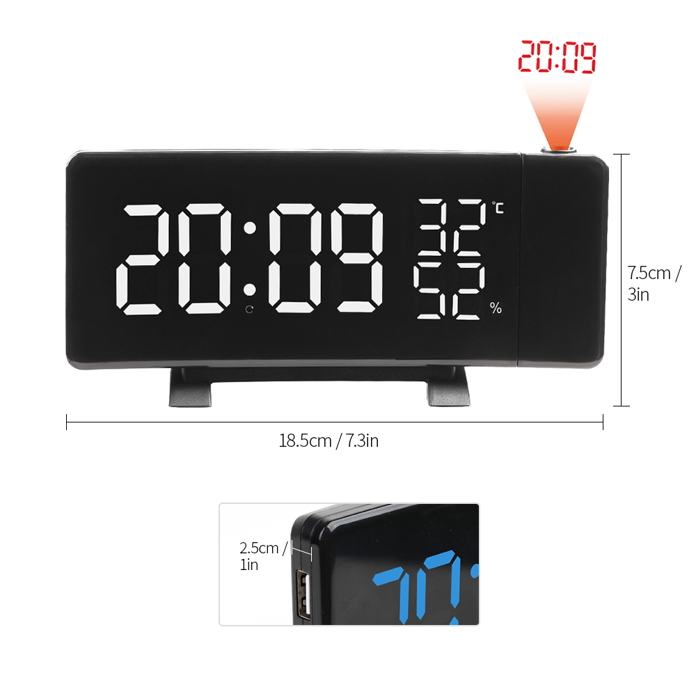 Dual USB Operated 3-Color Curved LED Screen Radio Alarm Clock Dimmable Thermometer Hygrometer Clock Dual Alarms Snooze Function