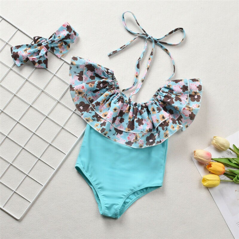 ! Traje de baño de para niño, Chico, niña, girasol, estampado Floral, volantes, traje de baño, mono, Bikini de una pieza con diadema: Azul / 80