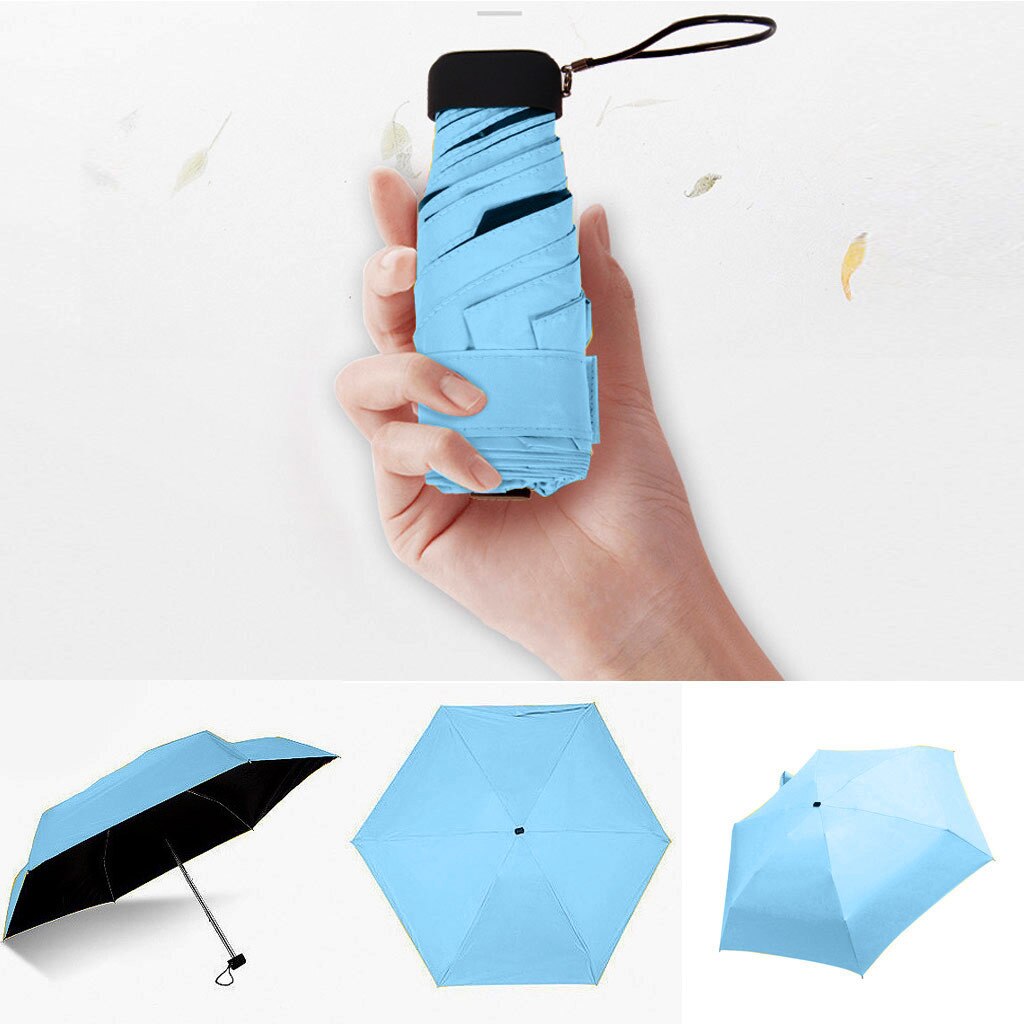 Parasol flad letvægts paraply parasol foldning sun mini 5 foldning ultra let foldbar paraply uv beskyttelse: Blå